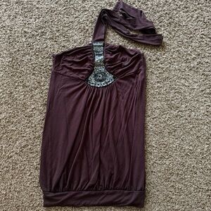 Brown Ruched Embellished Halter Top